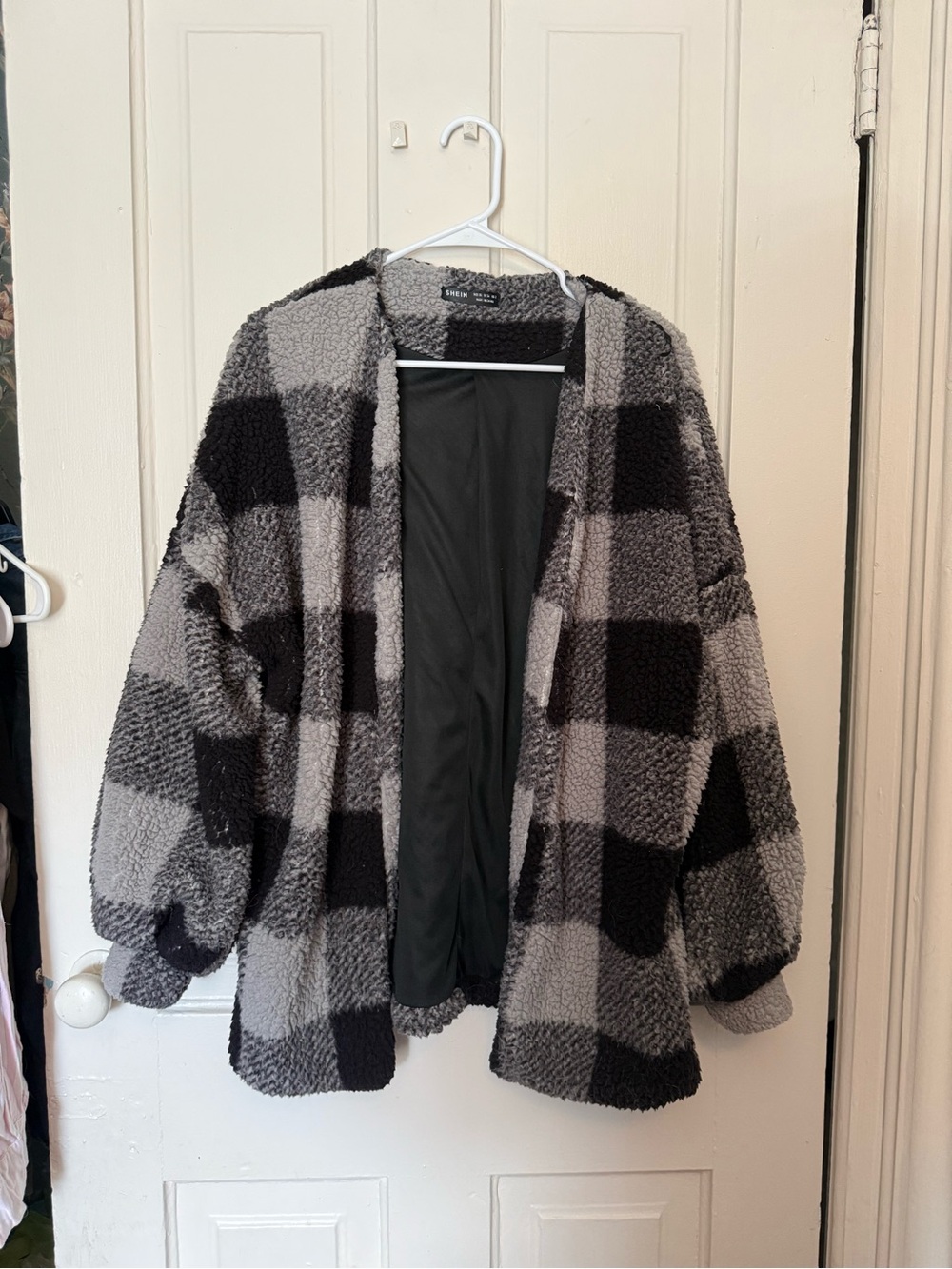SHEIN Black & Gray Buffalo Plaid Teddy Jacket